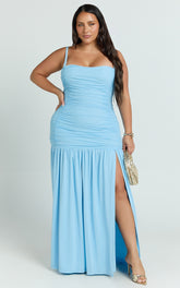 Cardi Maxi Dress - Ruched Mesh High Leg Split Dress in Light Blue